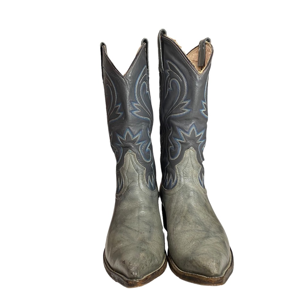 VTG Gray Leather Western Cowboy Boots Blue Pointed Toe Mens Sz 8 Southwestern
